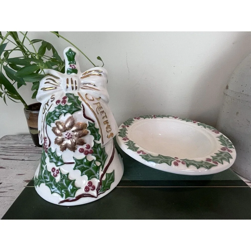 Vintage Hand Painted Christmas Ceramic White Bell Butter/Candy Dish Bow Holly